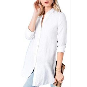 Garnet Hill Ivory Linen Top Long Sleeve Button Front Classic Quiet Luxury Large